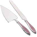 CAKE KNIFE & SERVER SET WITH PINK RHINESTONE ACCENTS, SILVERPLATE