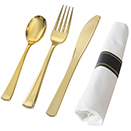SERVING CUTLERY, GOLD DISPOSABLE PLASTIC - NAPKIN ROLLED FORK, SPOON, & KNIFE, 70 EACH