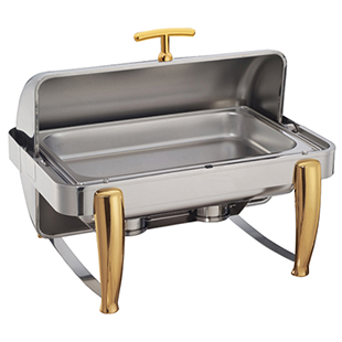 8 Qt. Stainless Roll Top Chafer, Gold Accents  