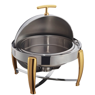 6 Qt. Round Stainless Roll Top Chafer, Gold Accents