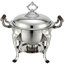 CROWN LIFT OFF ROUND CHAFER, WOOD HANDLES, STAINLESS - 6 QT.  ROUND CHAFER, 15.8