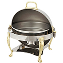 VINTAGE ROUND ROLL TOP CHAFER, GOLD ACCENT, STAINLESS
