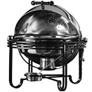 MESA ROUND ROLL TOP CHAFER, STAINLESS COVER WROUGHT IRON TRIM