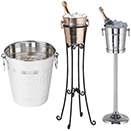 WINE BUCKET AND STANDS - WINE BUCKET, 9-3/8″ L, 8″ W., 8-3/8″ H., HAMMERED, STAINLESS STEEL