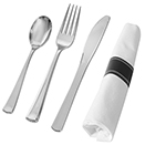 SERVING CUTLERY, SILVER DISPOSABLE PLASTIC - NAPKIN ROLLED FORK, SPOON, & KNIFE, 100 EACH