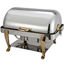 VINTAGE RECTANGULAR ROLL TOP CHAFER, GOLD ACCENT, STAINLESS
