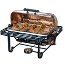MESA RECTANGULAR HAMMERED COPPER ROLL TOP CHAFER, WROUGHT IRON TRIM