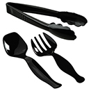 SERVING TONGS, SPOON, & FORKS, BLACK DISPOSABLE PLASTIC