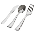 FLATWARE, SILVER DISPOSABLEPLASTIC - SILVER DISPOSABLE COMBO SPOON, FORK, AND KNIFE, BAGGED, 576 EACH